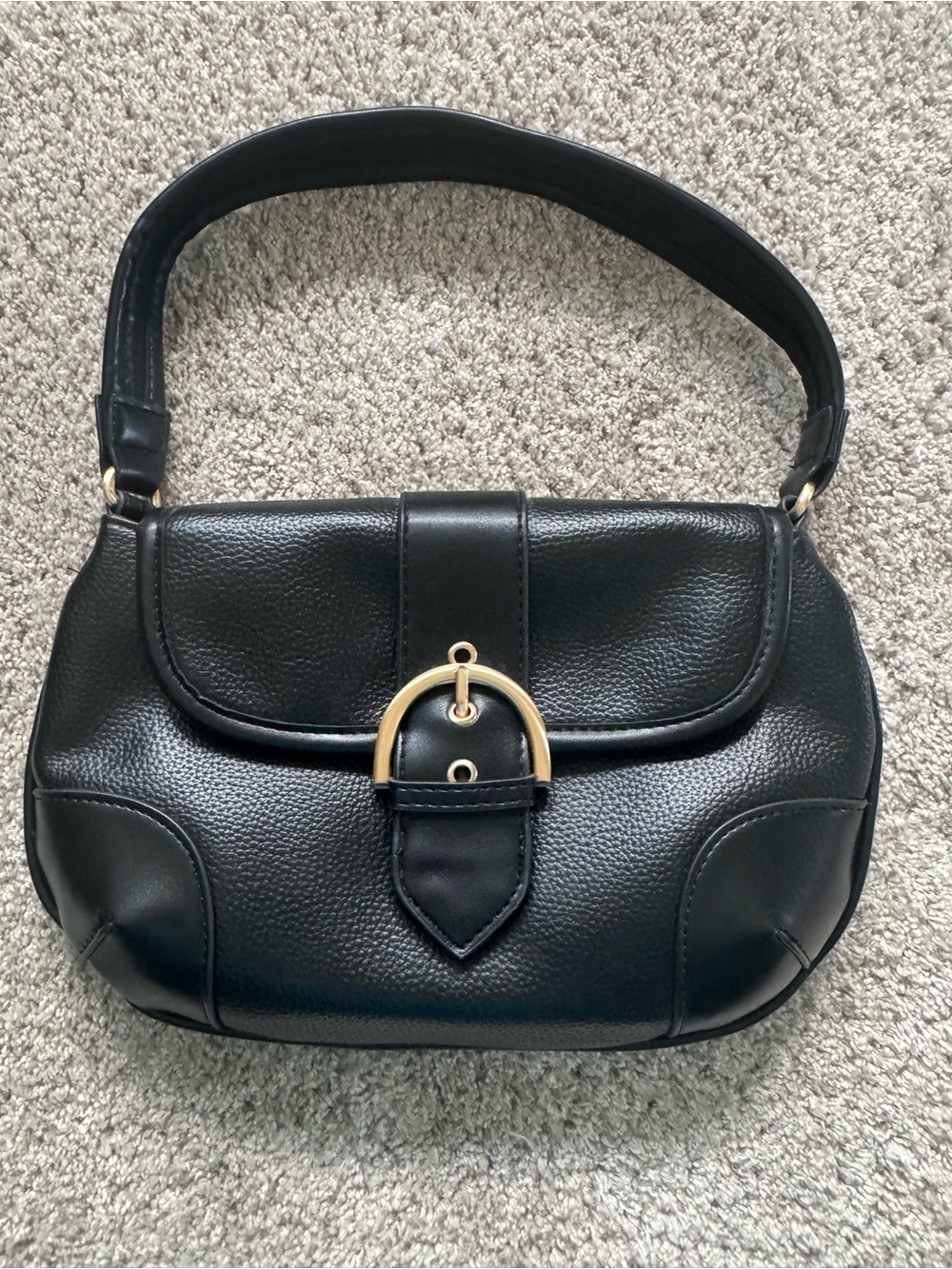Black Leather Shoulder Bag with Gold Buckle Accent